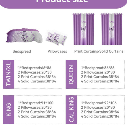 Reylox 9 Pcs KING Size Purple Bedspread Set with Curtains, Bohe Purple Floral Bed in A Bag, 2 Pillowcases and 6 Curtains, Moisture-Wicking Microfiber for Bedroom, Master Suite Decor