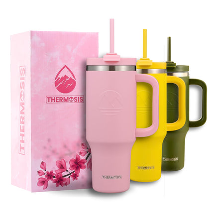 Thermosis 40oz Leakproof Stainless Steel Tumbler with Handle & Straw Insulated, PINK
