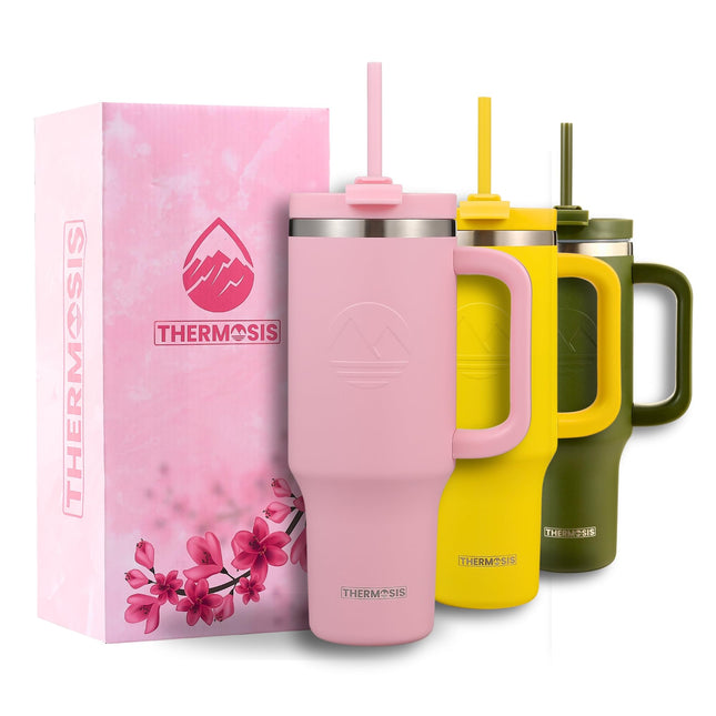 Thermosis 40oz Leakproof Stainless Steel Tumbler with Handle & Straw Insulated, PINK