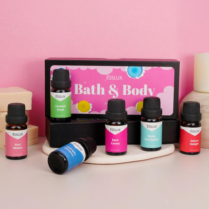 ESSLUX 6PC Bath & Body Scented Essential Oils Aromatherapy Oils Gift Set for Diffusers - Coconut Fresh, Minty Eucalyptus, and More