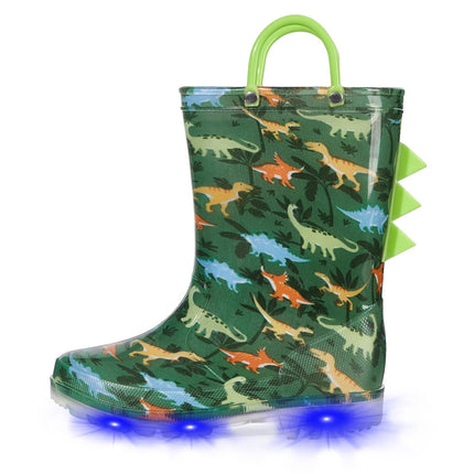 EUXTERPA Toddler Kids Light-Up Rain Boots, Green Dinosaur, Toddler Size 6