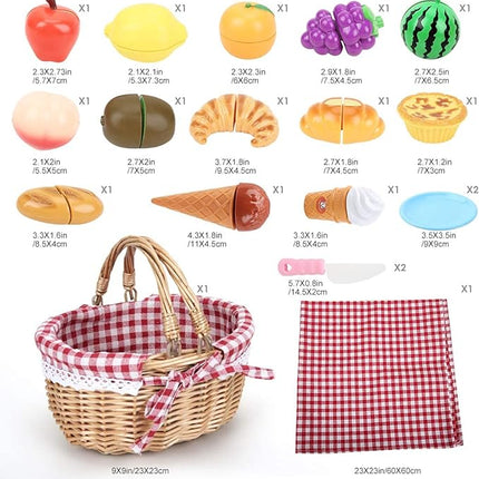 19 PCS Pretend Cutting Food Toys with Dessert and Fruit,Play Food Set with Picnic Basket and Mat,Play Kitchen Toys Playset for Children,Educational Toys T16