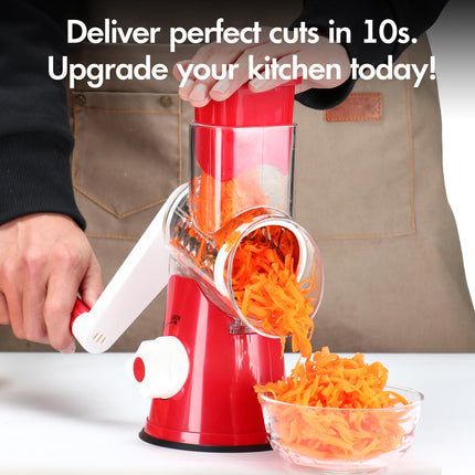 ANCEVSK Rotary Cheese Grater Shredder, Speed Kitchen Manual Round Mandolin Slicer Safe Grinder with 3 Interchangeable Blades for Nuts, Carrot, Hashbrown, Garlic, Walnut, Potato, Chocolate, Red