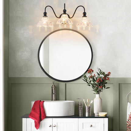 BrkNit Vintage Farmhouse Vanity Over Mirror 3-Light Black Wall Sconce Lighting with Flower Glass Shade, for Bedroom Kitchen Living Room Hallway Light