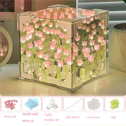 Neioaas 2-in-1 Handmade DIY 20 Tulip Flowers Cube Mirror LED Night Light, Pink Mutli