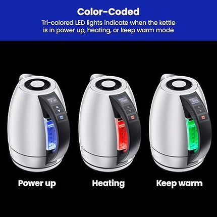 Chefman Electric Tea Kettle, 1.8 Liter Hot Water Electric Kettle Temperature Control Water Boiler with 5 Presets, Tri-Colored LED Lights, Keep Warm, Automatic Shutoff, Stainless Steel Glass