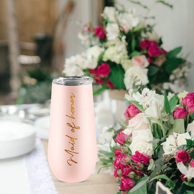 ElegantPark Maid of Honor Gifts Champagne Flutes Bridesmaid Proposal Gifts for Maid of Honor Tumbler Wedding Bachelorette Party Cup Pink Stainless Steel Wine Tumbler 6 oz