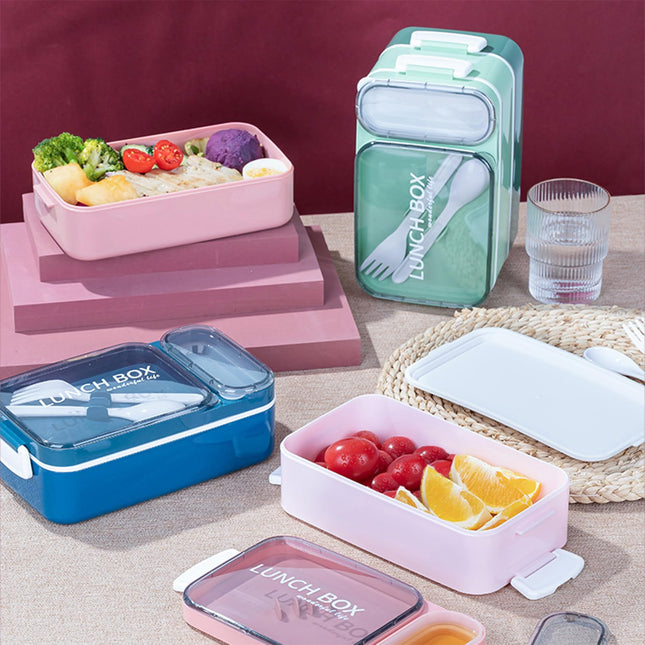 LetsLife 1600ml Bento Box for Adult Kids, Double-Layer Large Lunch Containers with Stainless Steel Inner, Built-in Cutlery and Sauce Pot, Leakproof Food Storage Container Set, Microwavable