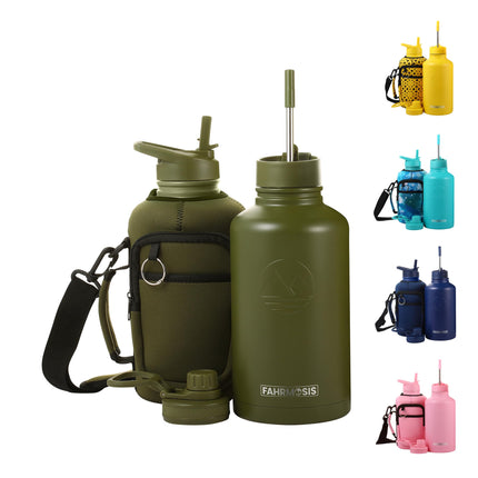 FAHRMOSIS 64oz Insulated Stainless Steel Water Bottle with Strap 3 Lids (Straw, Chug and Flip Lid), ARMY GREEN
