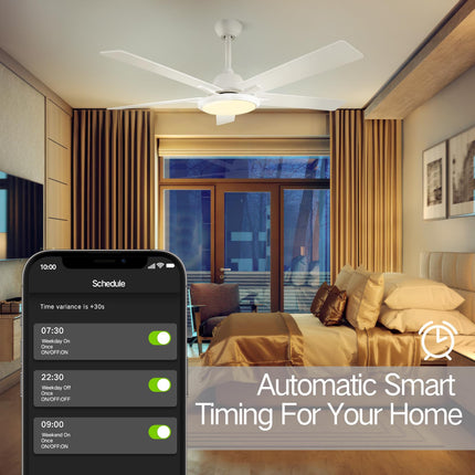 OUTON 52"Ceiling Fans with Lights & Remote Control, LED Dimmable Modern Ceiling Fan with 5 Dual Finish Blades, 3 Color Temperature, Indoor Outdoor Ceiling Fan for Bedroom Living Room Patio, White