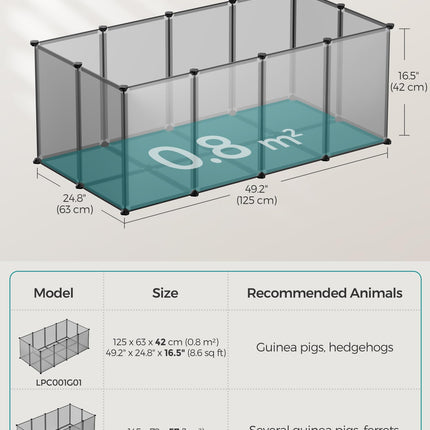 SONGMICS Pet Playpen with Floor, Small Animal Pen, Pet Fence Indoor, 49.2 x 24.8 x 16.5 Inches, Gray ULPC001G01