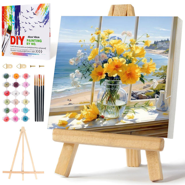 PRASIO 16"x16"Flower Framed Paint by Numbers Kit with Easel