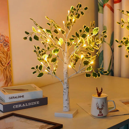 Tabletop LED 18" White Birch Table Tree Light with Artificial Green Leaves