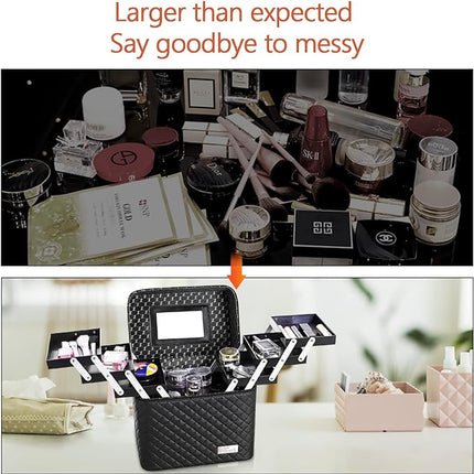 Cosmetic Bag with Mirror for Travel Vanity,Large Makeup Organizer Bag with 6 Compartments 3 Layer Drawers,Toiletry Bag for Women Men (Black)