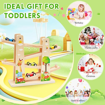 Car Ramp Toy, Wooden Car Ramp Toy with 4 Mini Cars, Fine Motor Skill & Improve Focus, Race Car Track Toy, Montessori Ramp Racer Playset T123