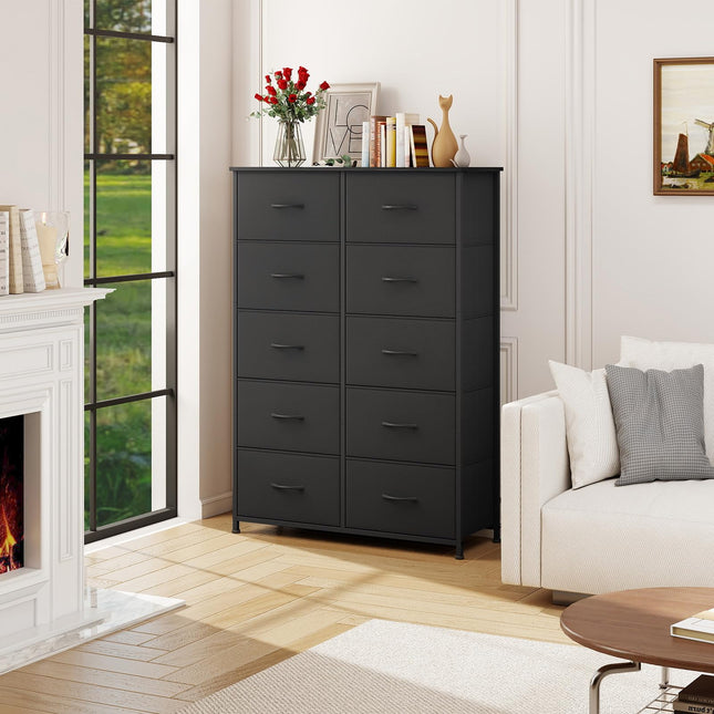 Somdot Dresser for Bedroom with 10 Drawers, Wide Storage Organizer Chest of Drawers with Fabric Bins for Closet Bedside Nursery Living Room Laundry Entryway Hallway,Black