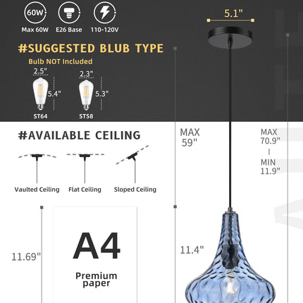 AUTELO Blue Pendant Lights Kitchen Island, 10" Hammered Glass Pendant Lights, Modern Pendant Light Fixtures in Matte Black Finish, Hanging Lamp for Dining Room, Kitchen Sink, H9164 BU