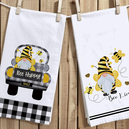 Secarond Set of 2 Buffalo Plaid Bee Gnome Kitchen Dish Towel 18 x 28 Inch, Seasonal Spring Summer Bee Happy Tea Towels Dish Cloth for Cooking Baking