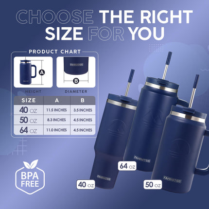 FAHRMOSIS 40 oz Tumbler with Handle and Straw Insulated Leak Proof Tumbler, NAVY BLUE