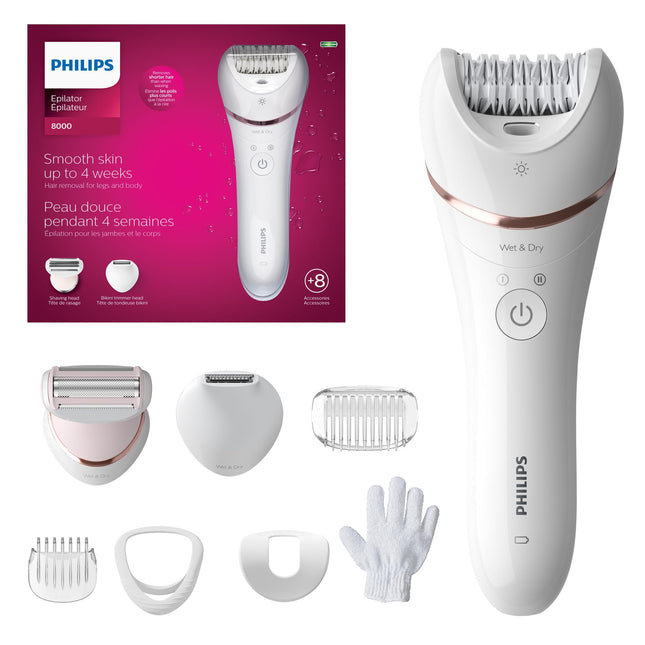 New Open Philips Epilator Series 8000 Wet & Dry Electric Hair Removal Epilator, Cordless Use, BRE720/14