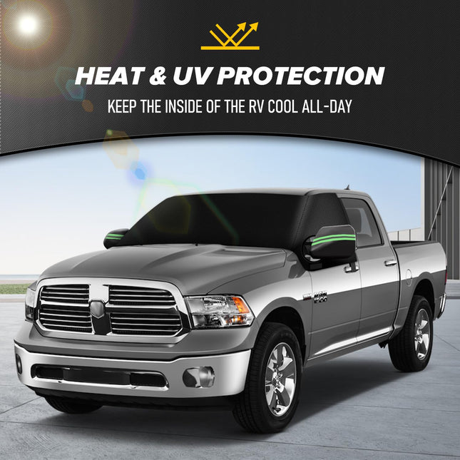 LaOceania Anti-Heat & Snow Windshield and Windows Cover, Compatible with 4th Dodge Ram 1500 2009-2018, Integrated rearview mirror cover. Durable 600D Oxford Fabric with Anti-UV and Anti-Theft Design (4th Ram)