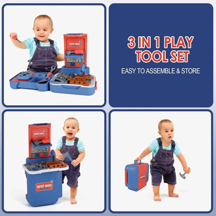 Kids Tool Set, 3 in 1 Kids Tool Bench Set Toddler Toolbox Pretend Play Construction Toys Drill Saw Repair Accessories for Kids t3