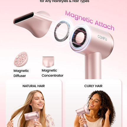 CONFU High Speed Professional Ionic Blow Dryer with Diffuser for Fast Drying, Hair for Curly Hair, PINK