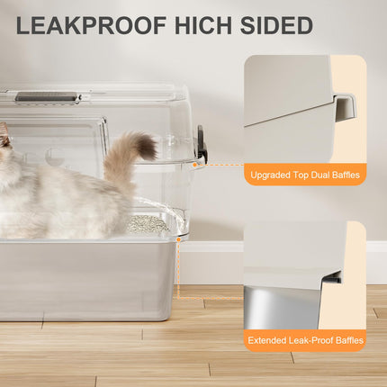 Stainless Steel Litter Box with Lid, XL Extra Large Litter Box for Big Cats, Enclosed Metal Litterboxes High Sided with Handles, Easy Cleaning Anti-Urine Leakage, Mat & Filter Pedal & Scoop, Beige