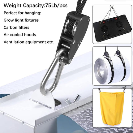 DMZK 4Pcs 1/8 Inch Hanging Rope Ratchet, Adjustable Heavy Duty Ratchet Rope Hanger, Rope Clip Hanger for Grow, Light Fixtures, Gardening,150lb Capacity