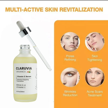 CLARUVIA 120ml Natural Vitamin C Serum All-Natural Moisturizer Facial Skincare for Ladies and Men | Toning and Hydrating with Hyaluronic Acid, Vitamin E, Rosa Casina Extract, Aloe Vera Extract | Anti Aging, Skin Repairing and Brightening