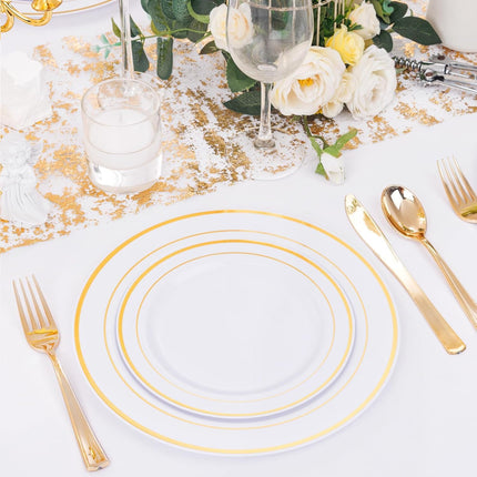 500 Gold Dinnerware Set: 100 Gold Rim Dinner Plates, 100 Salad Plates, 100 Silverware, Heavy Duty