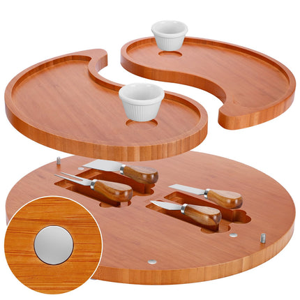 ZMARKRAFT US Patented Double-Layer Charcuterie Board| Large Cheese Board Platter Set w 4 Knives and 2 Bowls | Premium Bamboo Serving Tray | Hoursewarming Christmas (Mocha Brown)