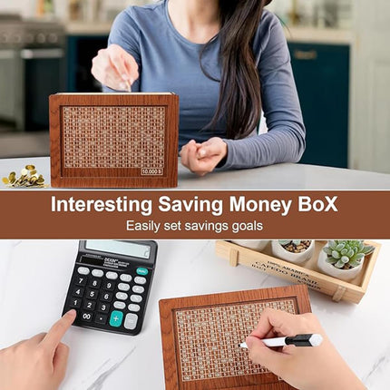 Gaukomzs Cash Vault Wooden Savings Box, $10000 Wooden Cash Saver Money Box, Cash Saver Box, Coin Counter Piggy Bank, Money Box with Counter, Wooden Money Box with Money Target and Numbers, Dark Brown