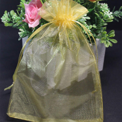 Pimuza 100pcs 5x7 inch Gifts Wrap Bags Gold, Organza Sheer Fabric Bulk, Drawstring