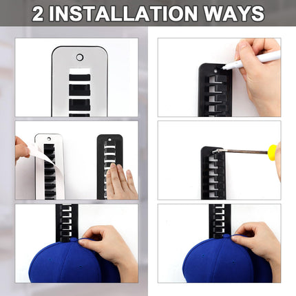 BOXOB 2pcs Wall Door Closet Plastic Hat Organizer for Baseball Caps Adhesive Hook, Storage Display Rack, BLACK