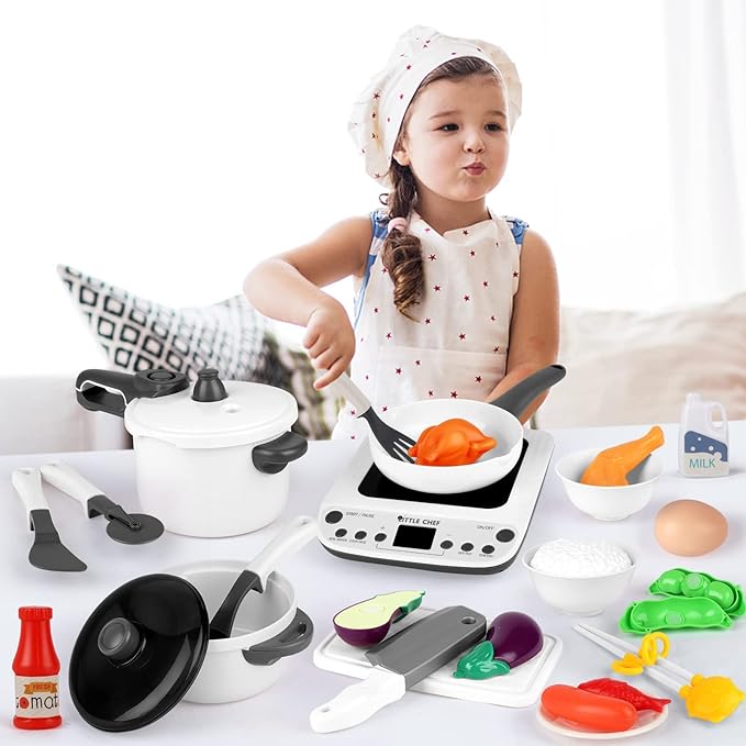 Kitchen Set for Kids, Kitchen Toys with Electronic Induction Cooktop, Steam Pressure Pot, Cookware, Pretend Play Kitchen Accessories, Cutting Play Food, Birthday Gifts for Girls Boys Toddlers (Gray) T43