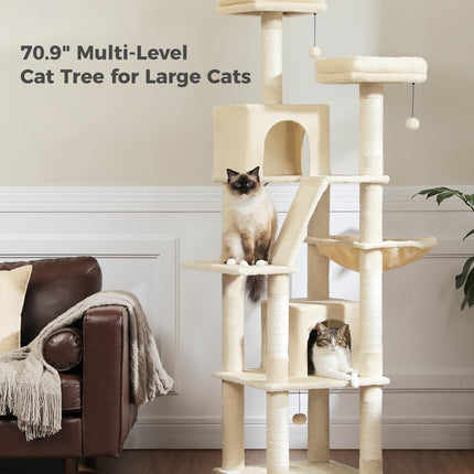 PEQULTI 70.9" Large Cat Tree for Indoor Cats,180cm Tall Cat Tree for Large Cats, Multi-Level Plush Cat Tower with 6 Scratching Posts, 2 Cat Condos, 2 Perches, Hammock, Pompoms, Cream #C2