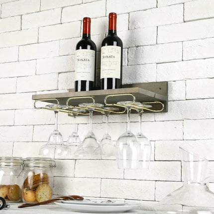 Wall Mounted Gray Wood Kitchen Floating Shelf with Brass Metal Wine Glass Stemware Holder Rack