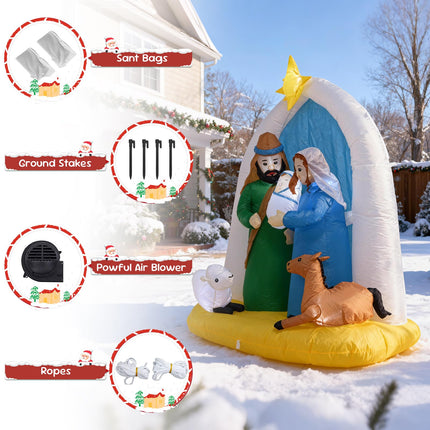 TRMESIA 6 Feet Indoor Outdoor Nativity Scene Inflatable Christmas Decor, LED Lights Holiday Garden Yard Lawn Decoration, Xmas Blow up Decoration,Featuring Mary Joseph Baby Jesus with Cute Sheep and Deer