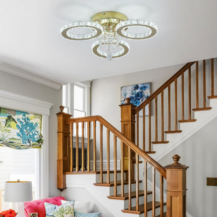 VETRULUS 3-Ring Crystal LED Chandelier Gold Flush Ceiling Light Cool White