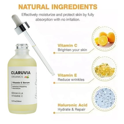 CLARUVIA 120ml Natural Vitamin C Serum All-Natural Moisturizer Facial Skincare for Ladies and Men | Toning and Hydrating with Hyaluronic Acid, Vitamin E, Rosa Casina Extract, Aloe Vera Extract | Anti Aging, Skin Repairing and Brightening