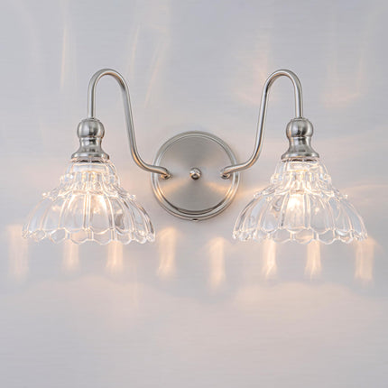 BrkNit Vintage Farmhouse Vanity Over Mirror, 2-Light Brushed Nickel Wall Sconce Lighting with Flower Glass Shade For Bedroom Kitchen Living Room Hallway Light
