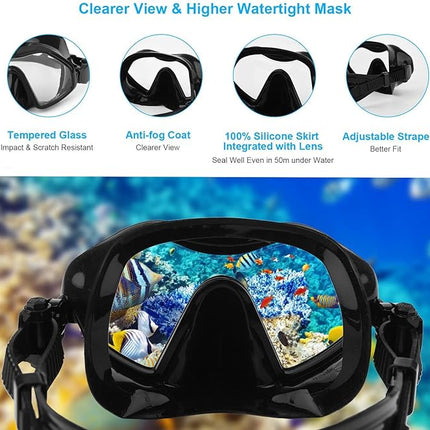 Snorkel Mask Set for Adults Diving Swimming Equipment with Flippers, Snorkelling Antifog Mask and Gear with Breathing Tube Fins for Men, Women