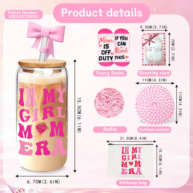 ANOTION in My Girl Mom Era Gift Set - Girl Mom Iced Coffee Cups, Mothers Day Coffee Mug with Straw, New Mom Gifts, Mother's Day Card, Mama Birthday Gift, Glass Tumbler Drinking Cup for Mother