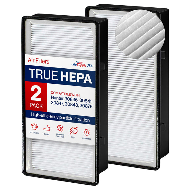LifeSupplyUSA 2-PACK True HEPA Filter Replacement Compatible with Hunter 30836, 30841, 30847, 30848, 30876 Air Purifier