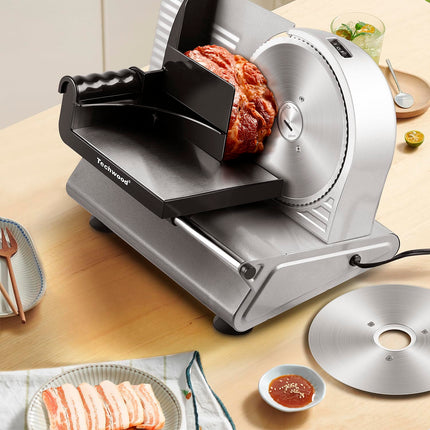 Meat Slicer, Techwood 150W Electric Food Slicer with Removable 7.5” Stainless Steel Blade, Deli Fruit Vegetable Cutter with Adjustable Knob for Thickness, Food Carriage & Non-Slip Feet, Double Blade
