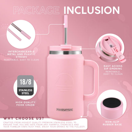 FAHRMOSIS 50 Oz Tumbler with Handle and Straw Large Insulated Tumbler Stainless Steel Travel Mug for Hot & Cold Drinks, Reusable Water Bottle with Lids and Straw - Pink