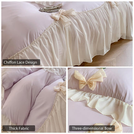 Rvciby 3PCS (1 Duvet Cover,2 Pillow Cases)  Soft Microfiber Yellow Bow Duvet Cover Bedding Set with Chiffon Lace & Cute Bows, Corner Ties & Zipper Closure