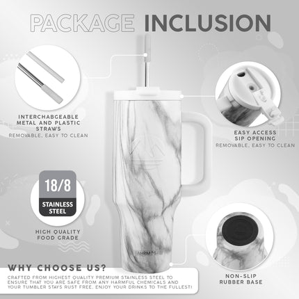 FAHRMOSIS 40oz Leakproof Hot n Cold Insulated Tumbler with Handle and Straw, WHITE MARBLE