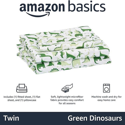 Amazon Basics Kid's Dino Friends Soft Easy-Wash Microfiber Sheet Set, Twin, Grass Green Dinosaurs 1J36